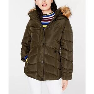 NEW Madden Girl Hooded Faux-Fur-Trim Puffer Coat Zip-Up Olive Juniors Size XS